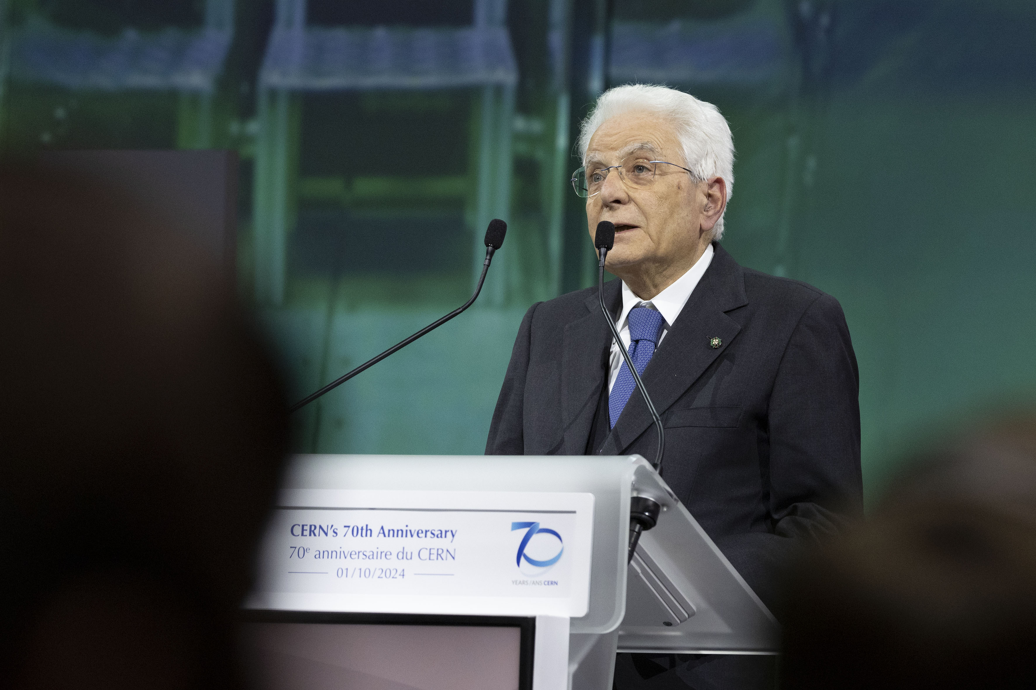 Il Presidente della Repubblica Sergio Mattarella all’Auditorium del Science Gateway, per la celebrazione dei 70 anni del CERN. 
