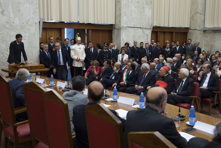 Il Presidente Mattarella nel corso dell'intervento di Manfredi Borsellino 