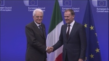 Arrivo del Presidente Mattarella al Consiglio Europeo, accolto dal Presidente Donald Tusk