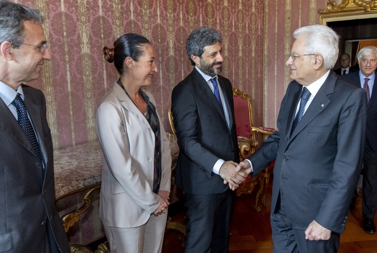 Il Presidente Sergio Mattarella con il Presidente della Camera dei Deputati Roberto Fico, la Vice Presidente del Senato Paola Taverna e il Ministro dell'ambiente e della tutela del territorio e del mare Sergio Costa, in occasione della cerimonia di chiusura dell'anno accademico dell'Accademia dei Lincei