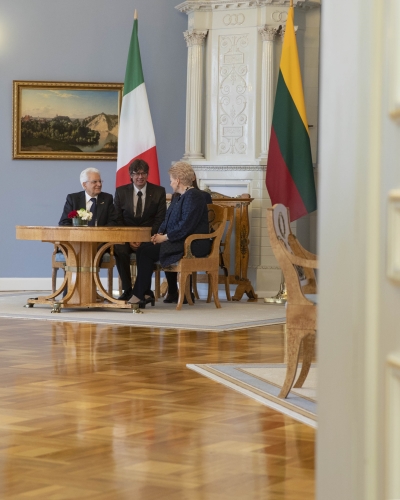 Il Presidente Sergio Mattarella e la Presidente della Repubblica di Lituania, Dalia Grybauskaitė durante i colloqui al Palazzo Presidenziale