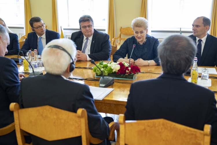Il Presidente Sergio Mattarella e la Presidente della Repubblica di Lituania, Dalia Grybauskaitė durante i colloqui con le rispettive delegazioni
