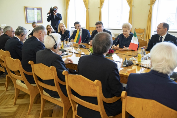Il Presidente Sergio Mattarella e la Presidente della Repubblica di Lituania, Dalia Grybauskaitė durante i colloqui con le rispettive delegazioni