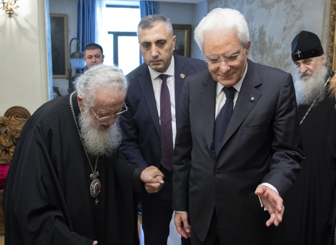 Il Presidente della Repubblica Sergio Mattarella in occasione dell’incontro con Sua Santità e  Beatitudine il Patriarca di tutta la Georgia Ilia II