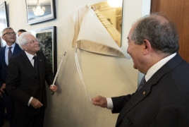 Il Presidente della Repubblica Sergio Mattarella con il Presidente della Repubblica d’Armenia, Armen Sarkissian in occasione dello scoprimento della targa intestata al Centro Regionale per la Conservazione, la Gestione e la Valorizzazione del Patrimonio Culturale