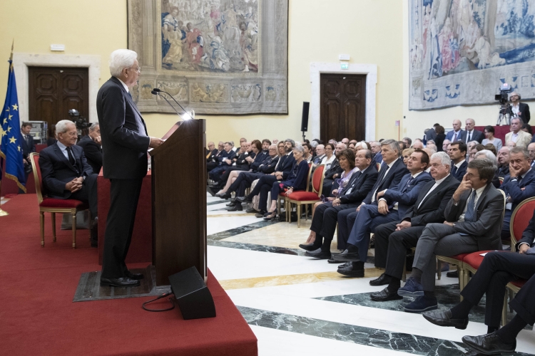 Il Presidente Sergio Mattarella nel corso del suo intervento alla cerimonia in occasione del 100° anniversario della nascita del Presidente emerito della Repubblica, Oscar Luigi Scalfaro