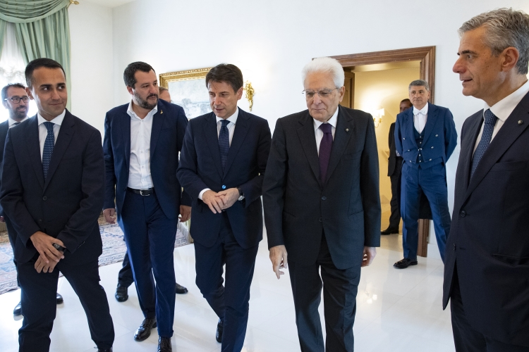 Il Presidente Sergio Mattarella con il Presidente del Consiglio dei Ministri Giuseppe Conte,con il Ministro dell'Interno Matteo Salvini,Ministro dello Sviluppo Economico, del Lavoro e delle Politiche Sociali Luigi Di Maio in occasione dell'incontro per il prossimo Consiglio Europeo.
