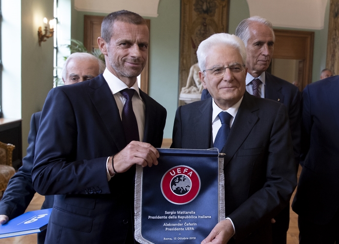 Il Presidente Sergio Mattarella con il Presidente della UEFA Aleksander Ceferin, in occasione della Cerimonia nel 120° Anniversario della FIGC - Federazione Italiana Giuoco Calcio