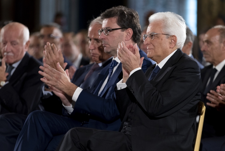 Il Presidente Sergio Mattarella con a fianco il Sottosegretario alla Presidenza del Consiglio dei Ministri Giancarlo Giorgetti, in occasione della Cerimonia nel 120° Anniversario della FIGC - Federazione Italiana Giuoco Calcio