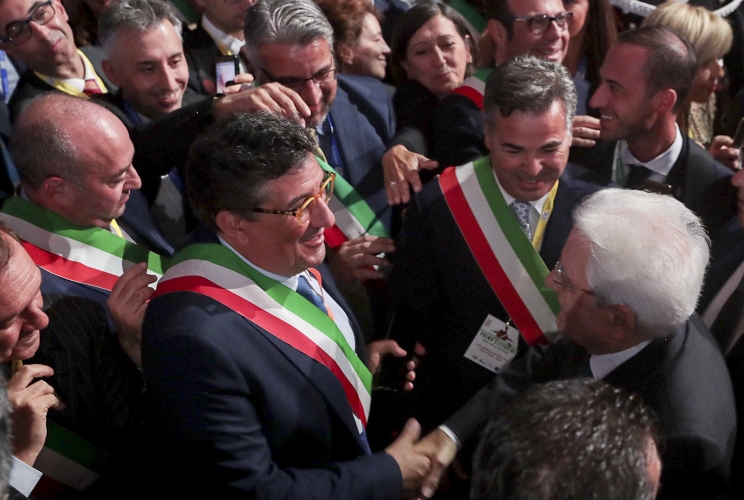 Rimini - Il Presidente della Repubblica Sergio Mattarella al termine dell’Assemblea dell’ANCI