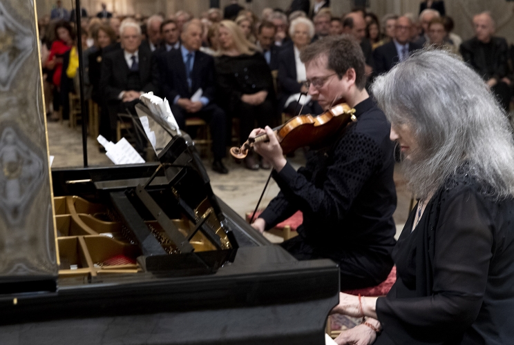 Un momento del Concerto in onore di Zubin Mehta, eseguito dalla pianista Martha Argerich e dal Quartetto d'Archi dell'Orchestra Filarmonica di Israele