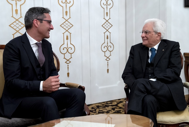 Merano - Il Presidente della Repubblica Sergio Mattarella con il Presidente della Provincia Autonoma di Bolzano Arno Kompatscher, in occasione della cerimonia per i 130 anni dalla fondazione del Gruppo Athesia