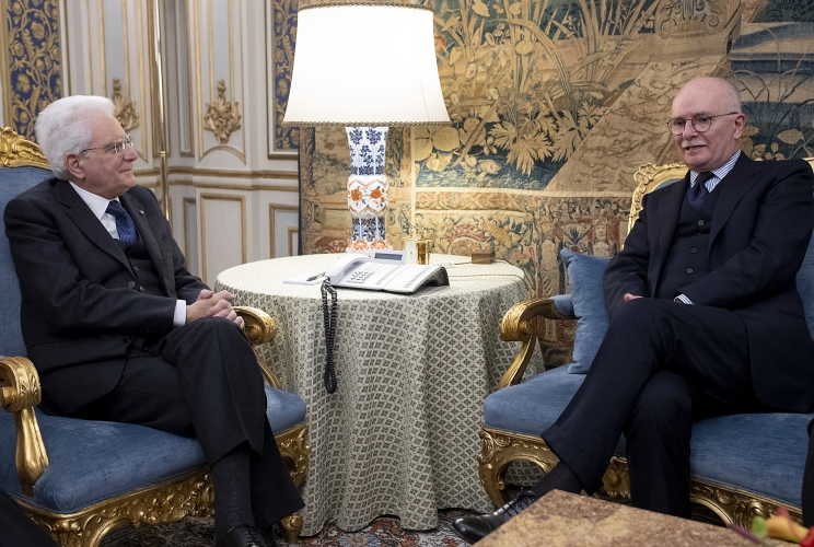 Il Presidente Sergio Mattarella con Walter Barberis, Presidente della Giulio Einaudi Editore, per la presentazione della nuova edizione delle opere complete di Primo Levi 