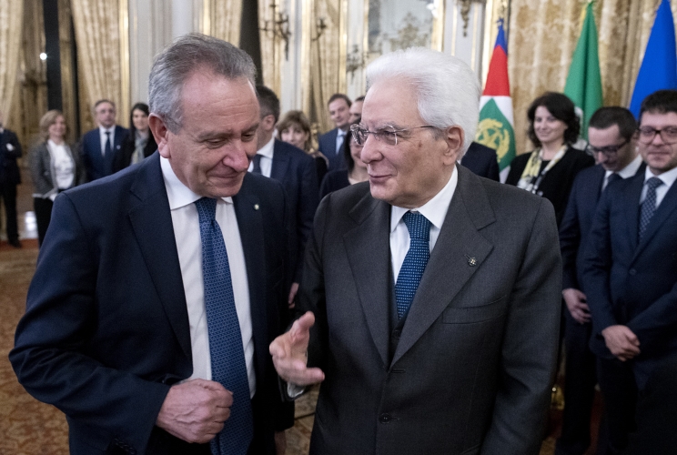 Il Presidente Sergio Mattarella e il Presidente della Corte dei Conti Angelo Buscema, in occasione dell'incontro con i Magistrati di nuova nomina della Corte dei Conti