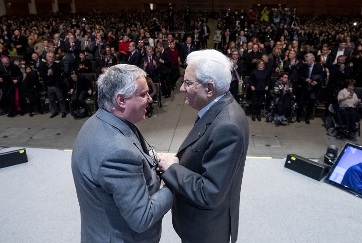 Il Presidente della Repubblica Sergio Mattarella con Giovanni Paolo Ramonda Responsabile generale dell’Associazione Comunità Papa Giovanni XXIII, in occasione della riunione mondiale della Comunità 