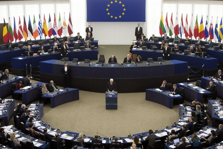 Il Presidente Sergio Mattarella nel corso del suo intervento alla seduta solenne del Parlamento Europeo