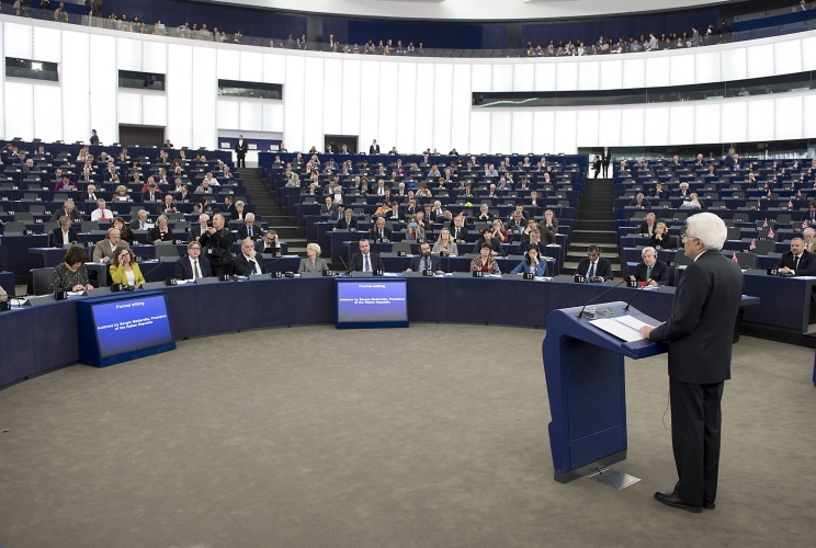 Il Presidente Sergio Mattarella nel corso del suo intervento alla seduta solenne del Parlamento Europeo