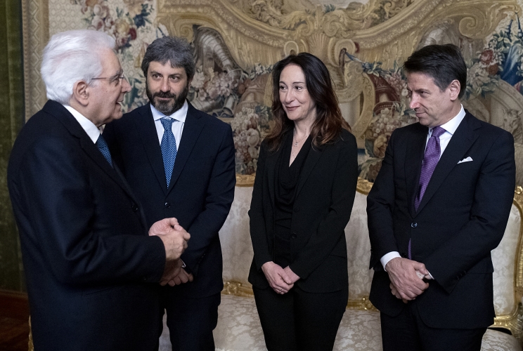 Il Presidente Sergio Mattarella con il Presidente del Consiglio dei Ministri Giuseppe Conte, la Vice Presidente del Senato Paola Taverna e il Presidente della Camera Roberto Fico, in occasione della celebrazione del “Giorno della Memoria”