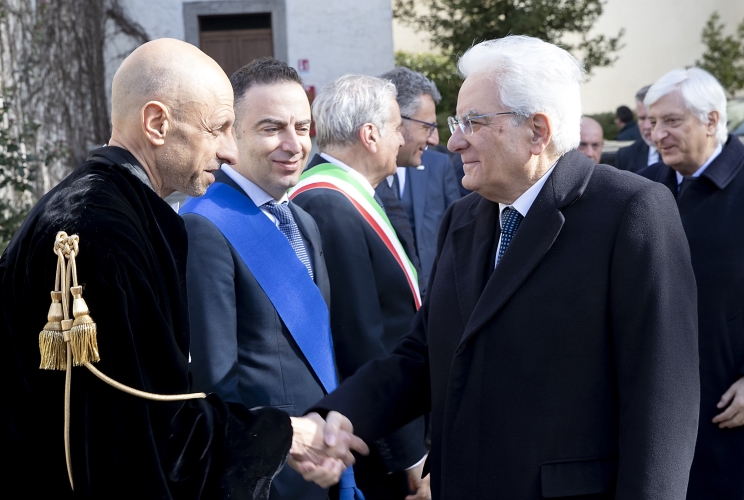 Il Presidente della Repubblica Sergio Mattarella accolto dal Rettore Alessandro Ruggieri, in occasione della cerimonia di inaugurazione dell'anno accademico 2018/2019 dell'Università degli Studi della Tuscia 
