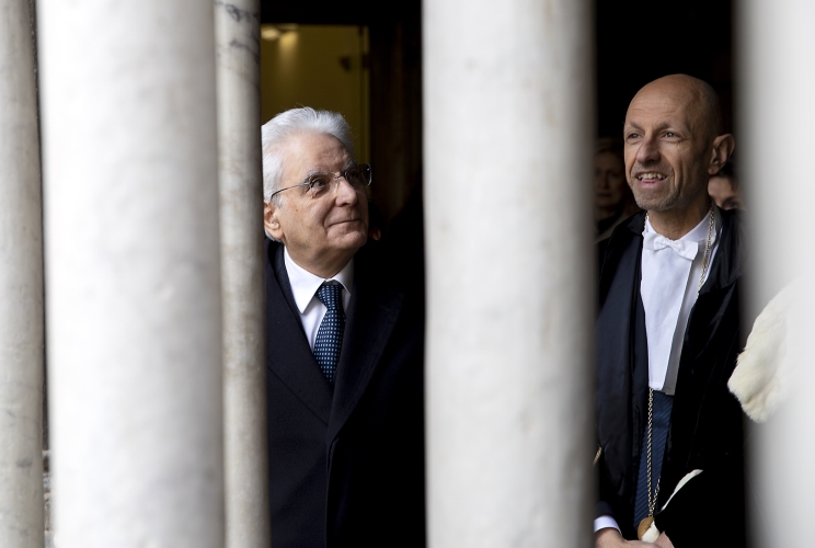 Il Presidente della Repubblica Sergio Mattarella con il Rettore Alessandro Ruggieri, in occasione della cerimonia di inaugurazione dell'anno accademico 2018/2019 dell'Università degli Studi della Tuscia