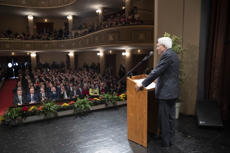Il Presidente della Repubblica Sergio Mattarella al Teatro Comunale di Belluno, durante il suo intervento, in occasione della cerimonia commemorativa dell’alluvione dell’ottobre 2018