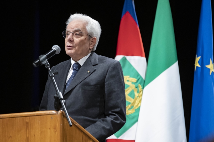Il Presidente della Repubblica Sergio Mattarella al Teatro Comunale di Belluno, durante il suo intervento, in occasione della cerimonia commemorativa dell’alluvione dell’ottobre 2018