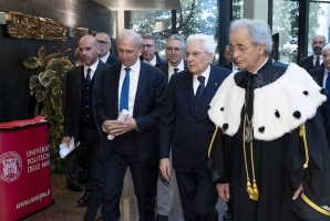 Il Presidente Sergio Mattarella con il Rettore Sauro Longhi e il Ministro Bussetti  all'Università Politecnica delle Marche in occasione della cerimonia di inaugurazione dell'anno accademico 2018/2019 dell'Ateneo