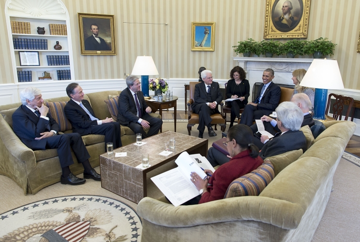 Il Presidente della Repubblica italiana Sergio Mattarella con il Presidente degli Stati Uniti d'America Barack Obama