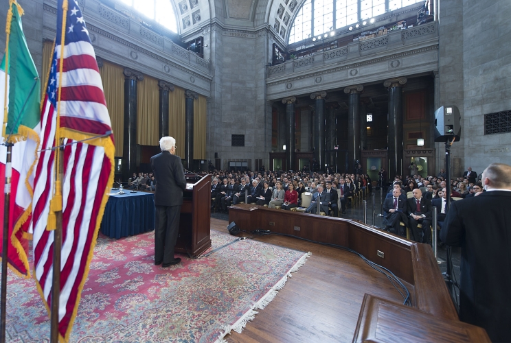 Il Presidente Sergio Mattarella nel corso del suo intervento alla Columbia University