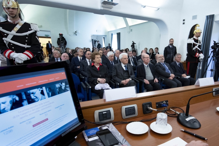 Il Presidente Sergio Mattarella nel corso della presentazione dell’Edizione nazionale dell’Epistolario di Alcide De Gasperi. 
