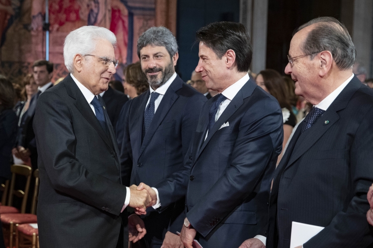 Il Presidente della Repubblica Sergio Mattarella  con il Presidente della Camera Roberto Fico, il Presidente del Consiglio dei Ministri, Giuseppe Conte e il Presidente della Corte Costituzionale, Giorgio Lattanzi, in occasione del Concerto in onore del Corpo Diplomatico accreditato presso la Stato Italiano