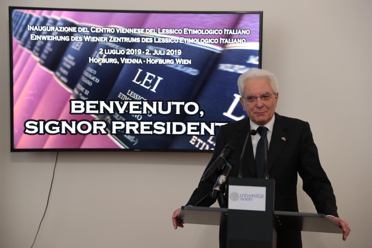 Il Presidente della Repubblica Sergio Mattarella nel corso dell'inaugurazione del Centro viennese per il Lessico Etimologico Italiano (LEI)