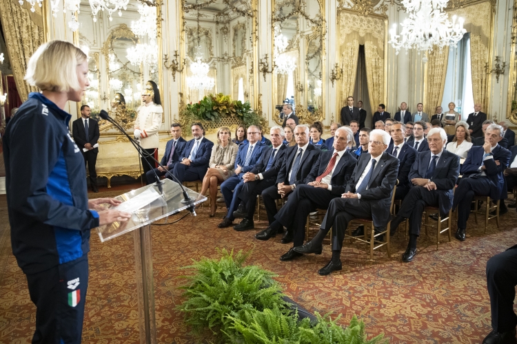 Il Presidente Sergio Mattarella nel corso dell'incontro con gli atleti dei Campionati del Mondo di Nuoto di Gwangju 2019