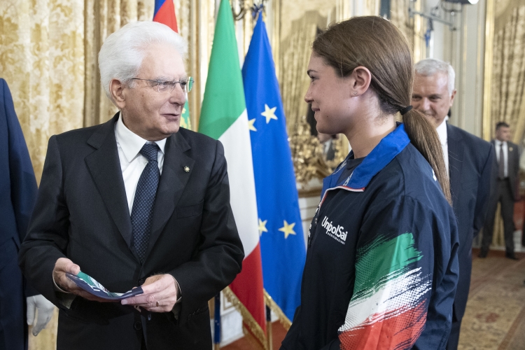 Il Presidente Sergio Mattarella nel corso dell'incontro con gli atleti dei Campionati del Mondo di Nuoto di Gwangju 2019