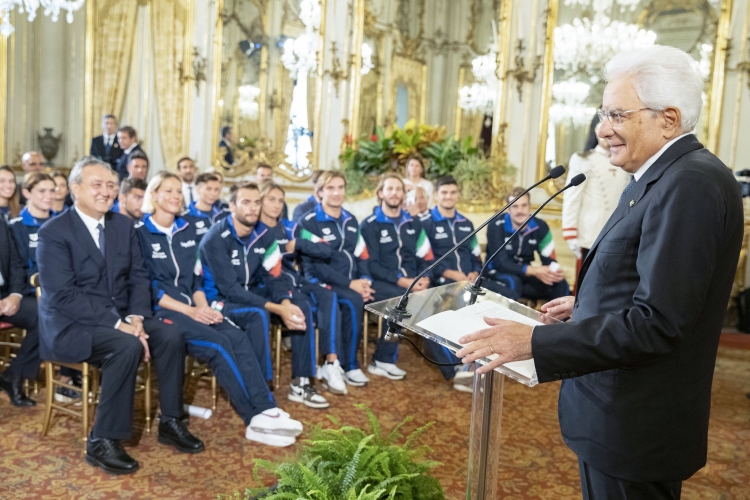 Il Presidente Sergio Mattarella nel corso dell'incontro con gli atleti dei Campionati del Mondo di Nuoto di Gwangju 2019
