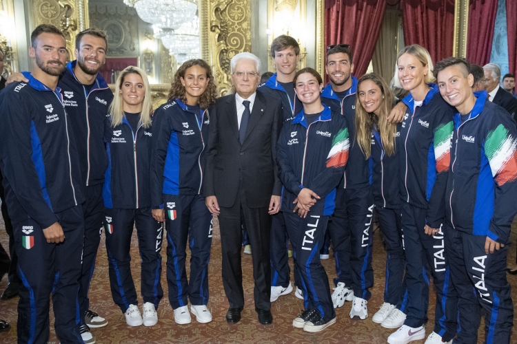 Il Presidente Sergio Mattarella nel corso dell'incontro con gli atleti dei Campionati del Mondo di Nuoto di Gwangju 2019
