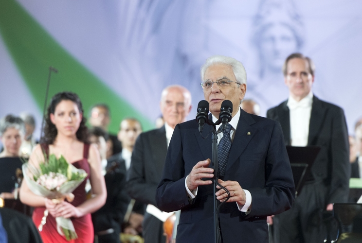 Il Presidente Sergio Mattarella nel corso del suo intervento al concerto per il 70° anniversario della Repubblica Italiana