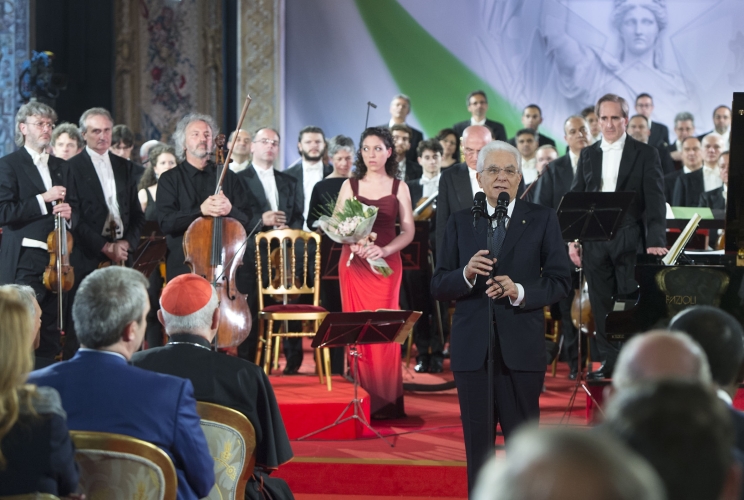 Il Presidente Sergio Mattarella nel corso del suo intervento al concerto per il 70° anniversario della Repubblica Italiana