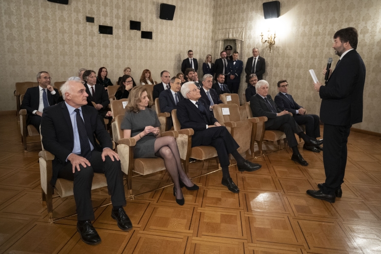 Il Presidente Sergio Mattarella con Dario Franceschini,Ministro dei beni culturali e Turismo,durante presentazione del prodotto editoriale del video “L’Infinito” di Giacomo Leopardi
