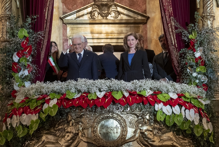 Il Presidente della Repubblica Sergio Mattarella con la sig.ra Laura al teatro dell’Opera in occasione del concerto per il 150° anniversario di Roma Capitale