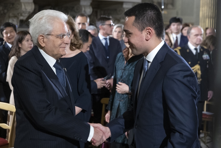 Il Presidente Sergio Mattarella con il Ministro degli Affari Esteri Luigi Di Maio, poco prima del concerto straordinario organizzato in occasione delle iniziative dell’anno della cultura e del turismo Italia-Cina 2020, eseguito dalla pianista Ju Jin