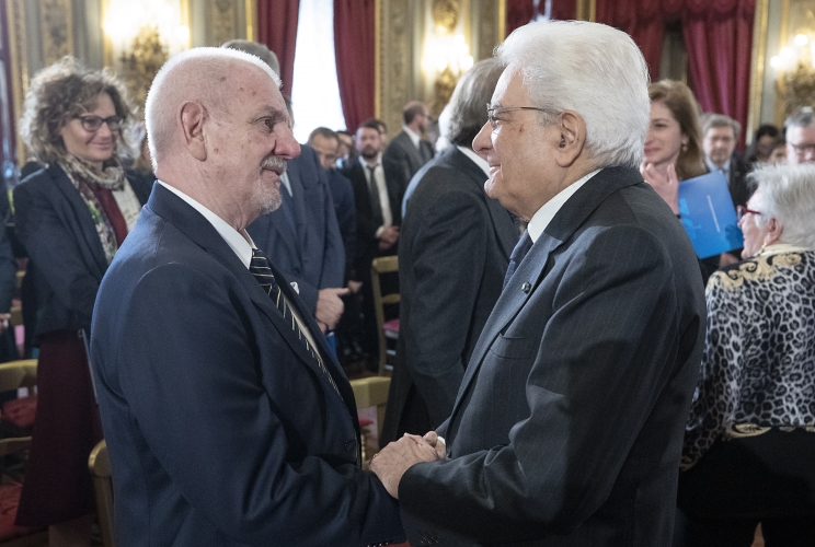 Il Presidente Sergio Mattarella con Omero Toso, Vice Presidente di Fondazione Telethon, intervenuto nel corso dell'incontro per il 30° anniversario della Fondazione Telethon, in occasione della Giornata Mondiale delle malattie rare