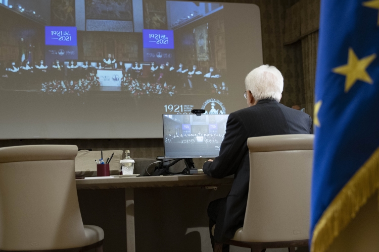 Il Presidente della Repubblica Sergio Mattarella durante la video conferenza, per la cerimonia d’inaugurazione dell’anno accademico dell’Università Cattolica del Sacro Cuore. 
