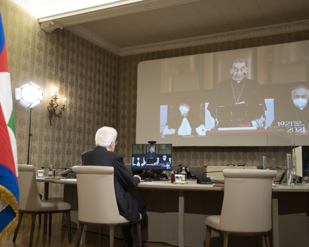 Il Presidente della Repubblica Sergio Mattarella durante la video conferenza, per la cerimonia d’inaugurazione dell’anno accademico dell’Università Cattolica del Sacro Cuore. 
