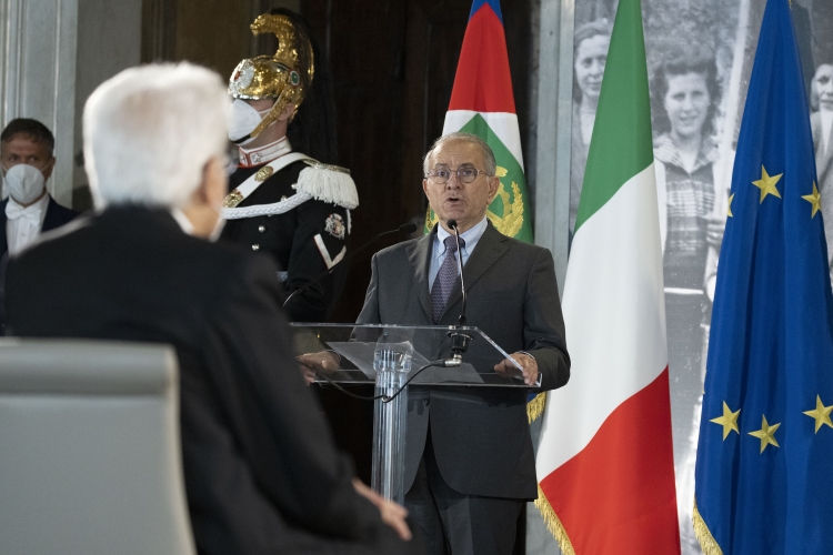 Lo storico Emilio Gentile nel corso del suo intervento alla celebrazione del 76° Anniversario della Liberazione al Quirinale