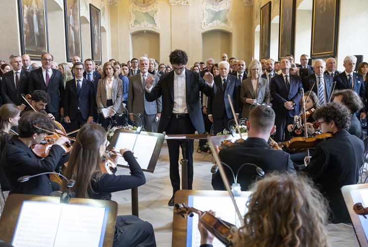 Il Presidente della Repubblica Sergio Mattarella e il l Presidente della Repubblica Ceca Petr Pavel partecipano all'evento musicale Armonia Europea, a cura di musicisti dell'Orchestra Giovanile Italiana e della Ceska studentenska filharmonie