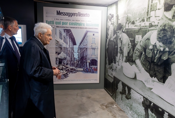 Il Presidente Sergio Mattarella al Museo civico Palazzo Elti in occasione della visita alla mostra organizzata nel 50° anniversario del terremoto del Friuli e degli 80 anni del Messaggero Veneto