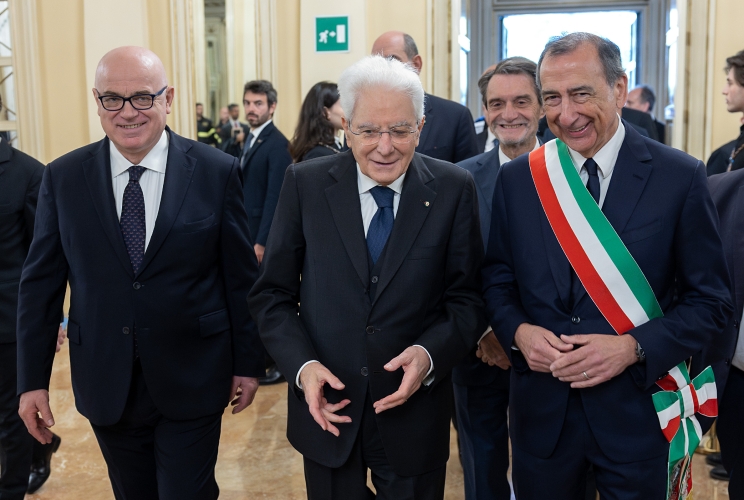 Il Presidente Sergio Mattarella alla cerimonia in occasione dell'80° anniversario del concerto di riapertura della Scala ricostruita