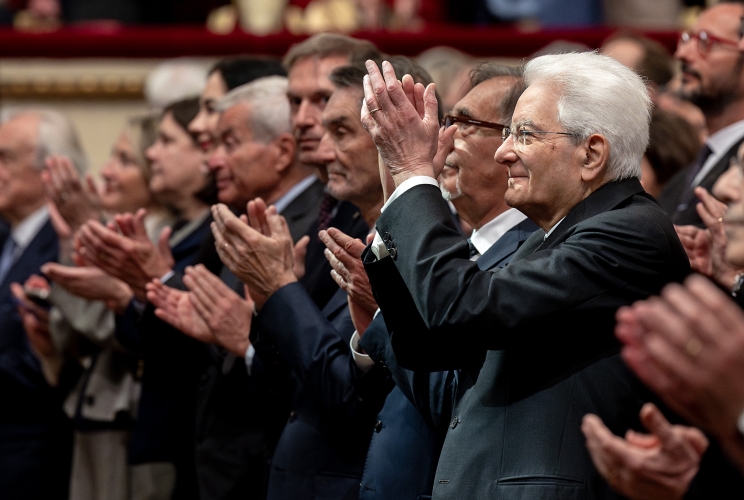 Il Presidente Sergio Mattarella alla cerimonia in occasione dell'80° anniversario del concerto di riapertura della Scala ricostruita