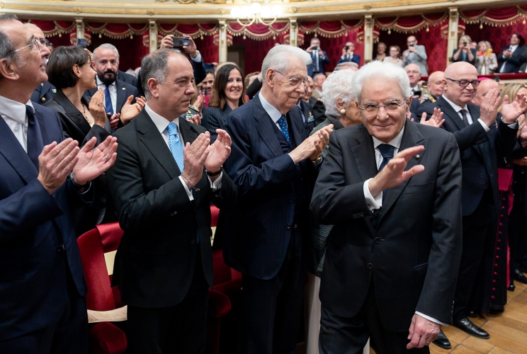 Il Presidente Sergio Mattarella alla cerimonia in occasione dell'80° anniversario del concerto di riapertura della Scala ricostruita